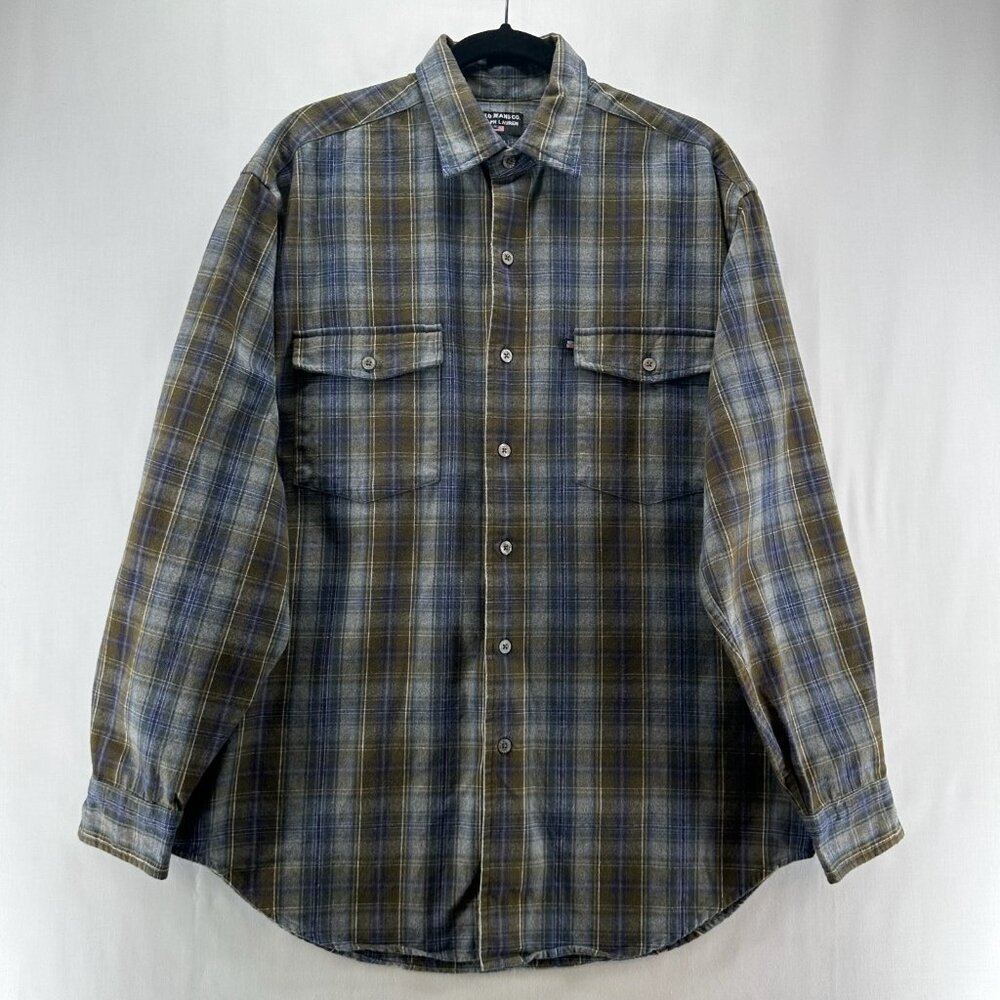 Polo Jeans Co. Ralph Lauren Shirt Men M Button Up Long Sleeve Flannel Plaid Blue